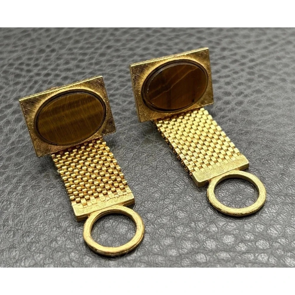 Vintage Tiger Eye Gold Tone Mesh Wrap Around Cufflinks